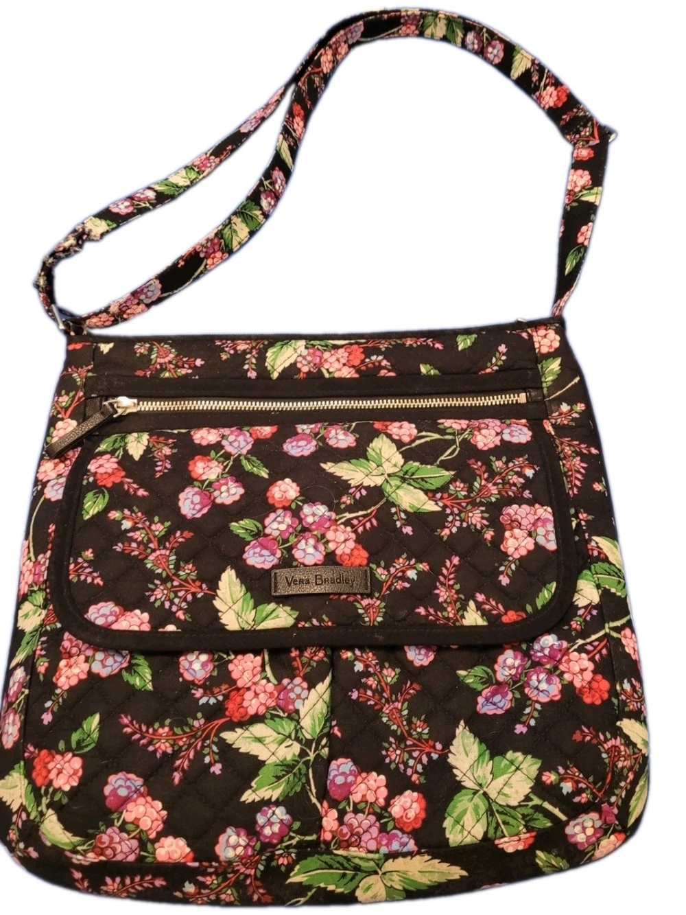 Vera Bradley Quilted Crossbody Shoulder Bag Black Multicolor Berry Floral Print